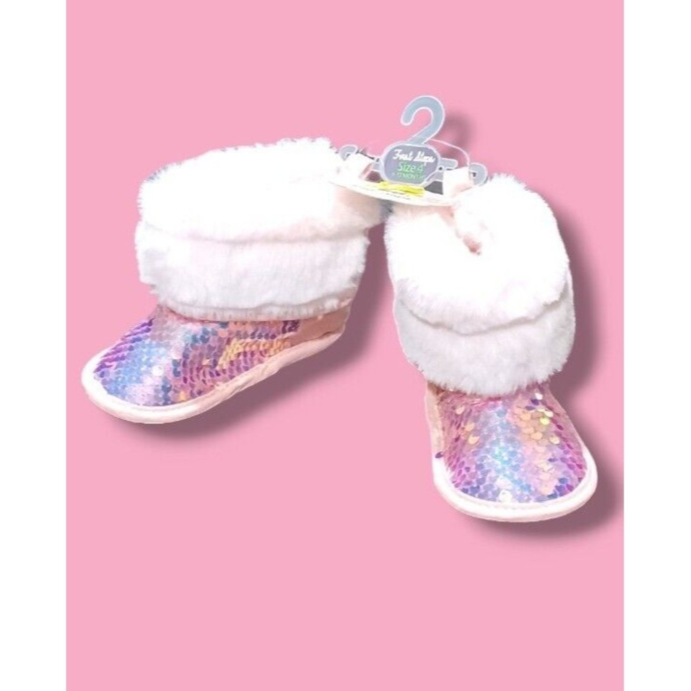 First Steps Sequin Toddler Size 4 Baby Girl Fluffy Faux Fur Shiny Slipper Boots